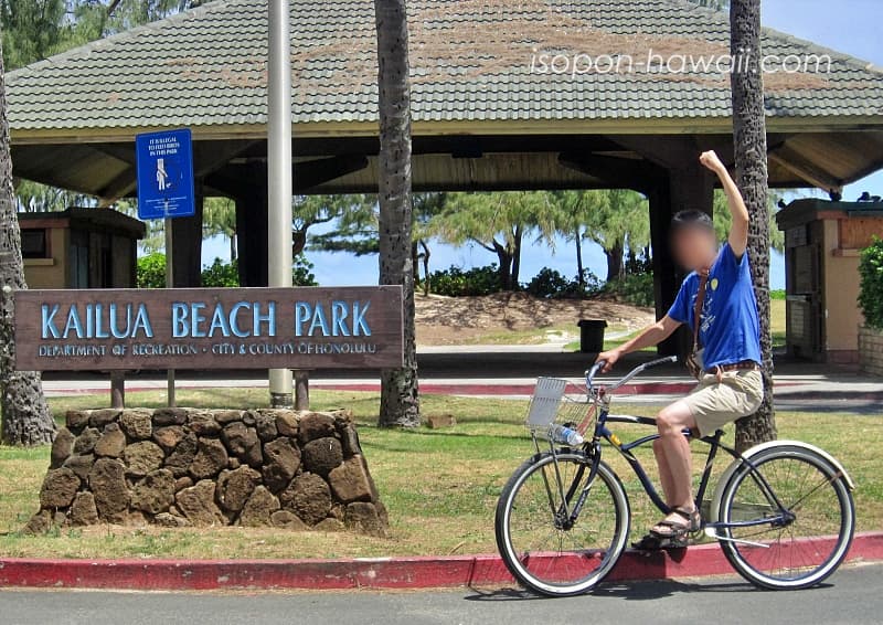 カイルアビーチパークでレンタル自転車に乗るいそぽん
