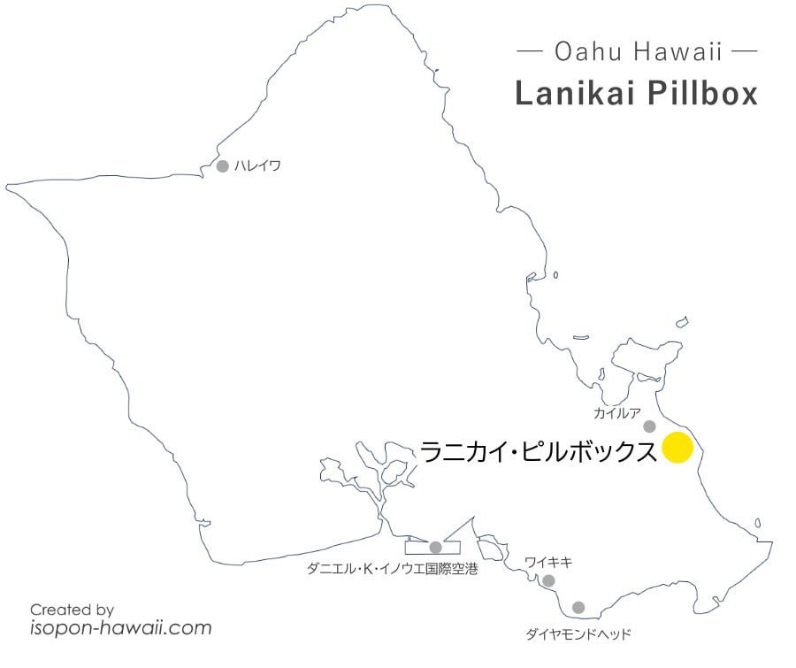 ラニカイ・ピルボックスの場所を示すオアフ島マップ