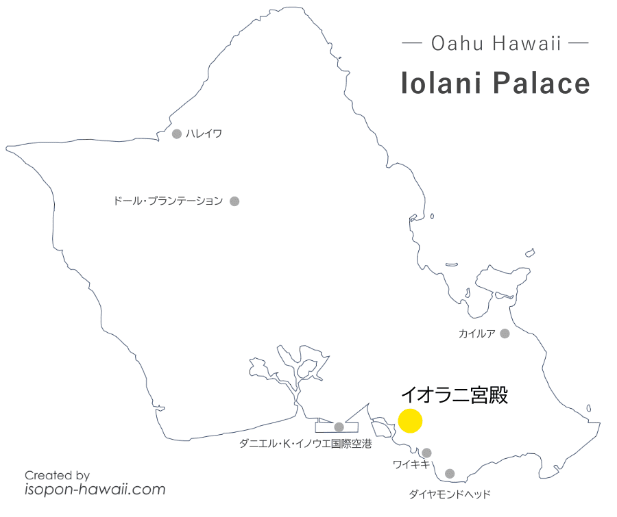 イオラニ宮殿の場所を示すオアフ島マップ