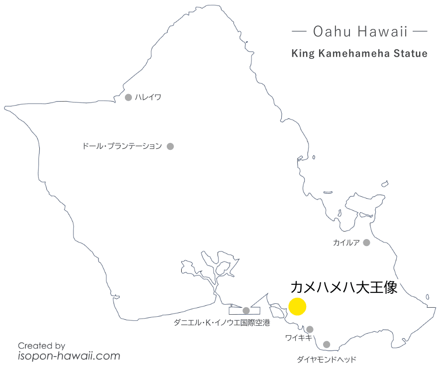 カメハメハ大王像の場所を示すオアフ島マップ
