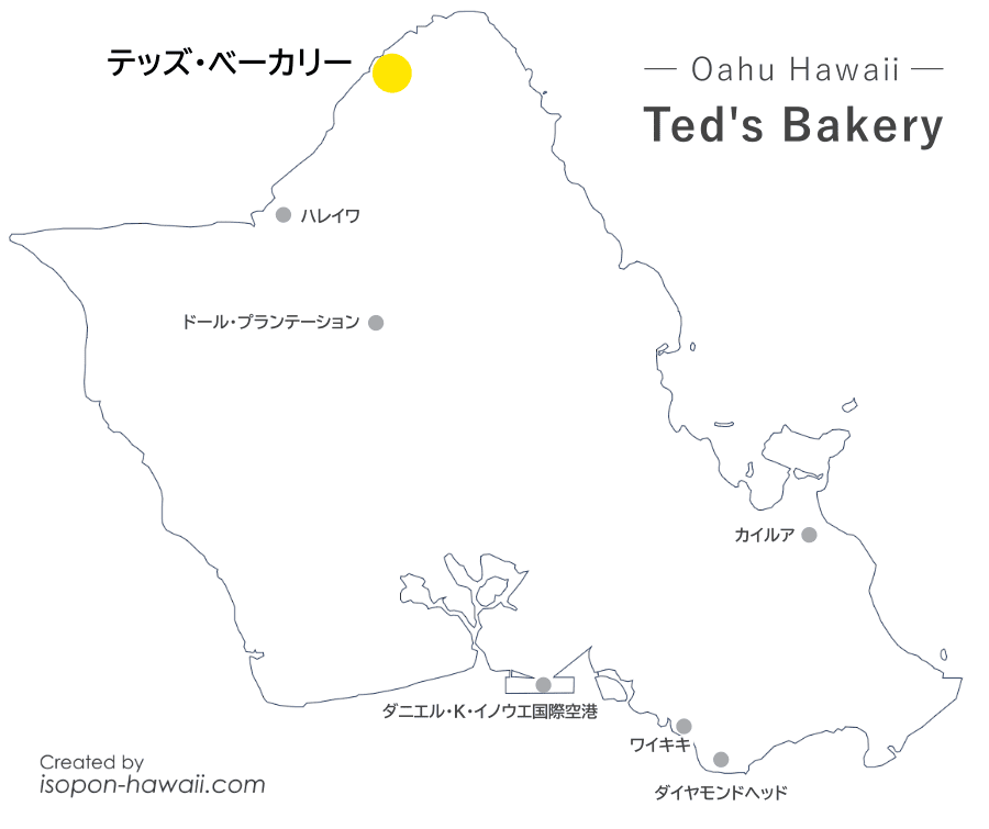 テッズベーカリーの場所を示すオアフ島マップ