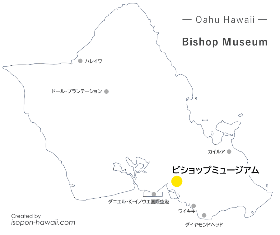 ビショップミュージアムの場所を示すオアフ島マップ