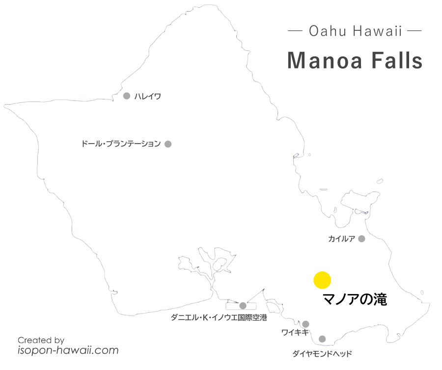 マノアの滝の場所を示すオアフ島マップ