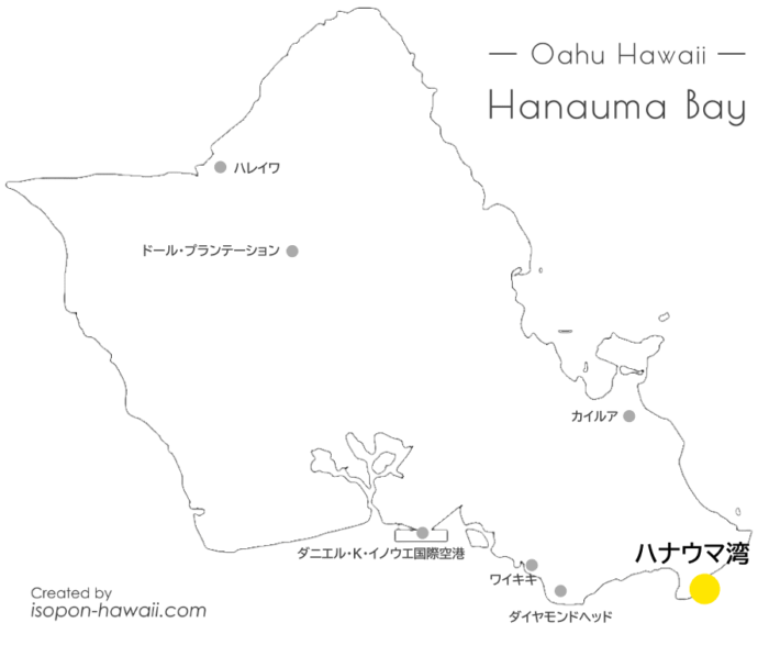 ハナウマ湾の場所を指すオアフ島地図