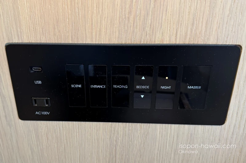 廊下側のベッドのコンセント USBポートと照明のスイッチもある