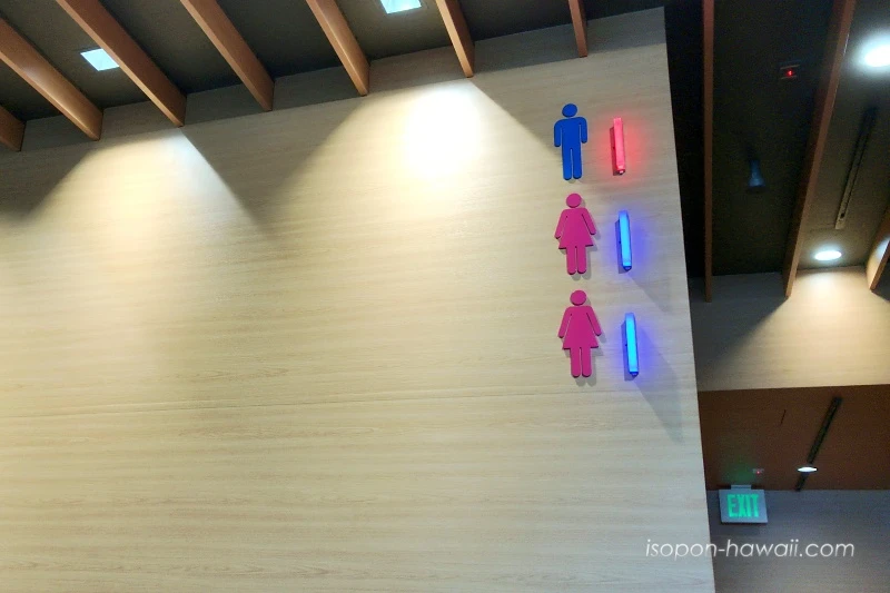 トイレの使用状況がひと目で分かる電光サイン。男性用は使用中で赤く点灯、女性用は青く点灯している。