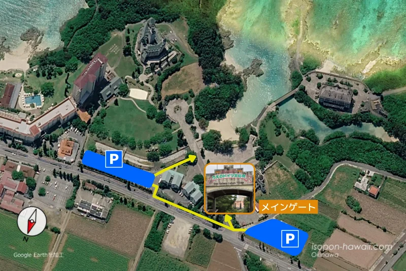 うえのドイツ文化村 駐車場2か所とゲートの位置